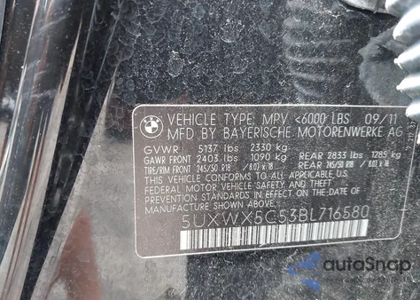 2011 BMW X3 xDrive28I из США, поврежденный, VIN 5UXWX5C53BL716580